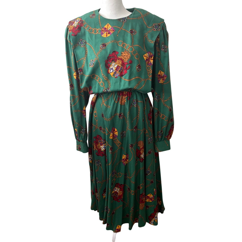 Vintage Leslie Fay Green Heraldic Crest Chain Print Maxi Dress Size 12‎ Made USA